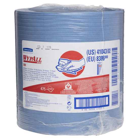 Blue Wypall X80 jumbo roll wipers, 31.7cm x 34cm, 475 sheets, durable Hydroknit, for heavy-duty cleaning tasks.