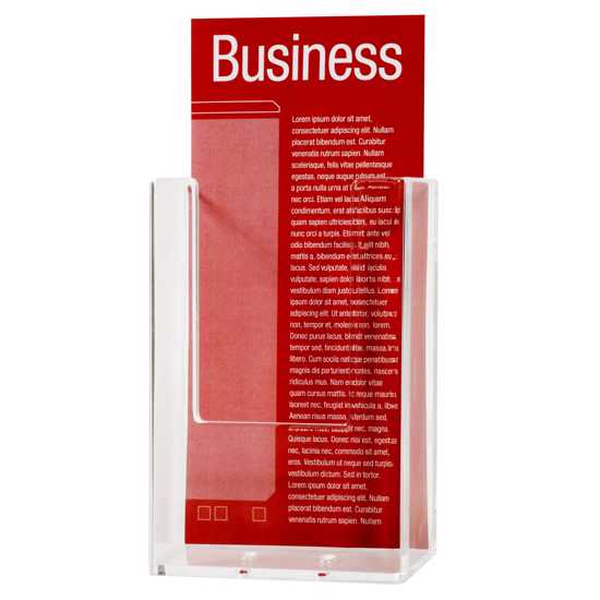 Clear wall-mounted brochure holder for displaying flyers, business cards, and promotional materials in high-traffic areas.