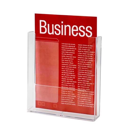 Clear A4 wall-mounted brochure holder by Esselte, perfect for displaying flyers and business cards in a stylish, space-efficient design.