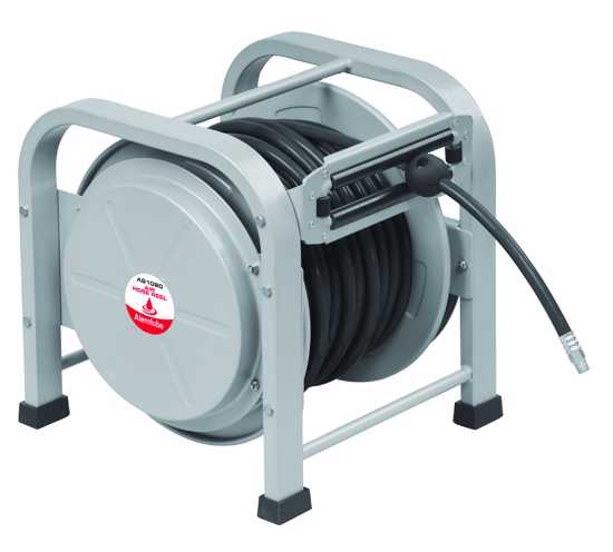 Alemlube S Series Floor Mount Air Hose Reel featuring 10mm x 30m hybrid hose, heavy-duty steel frame, and adjustable drag brake.