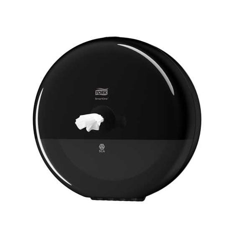 Tork T8 SmartOne Toilet Paper Dispenser in black, designed for efficient, hygienic, sheet-by-sheet dispensing in high-traffic restrooms.