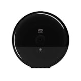 Black Tork T8 SmartOne Toilet Paper Dispenser designed for high-traffic washrooms, promotes hygiene with sheet-by-sheet dispensing.