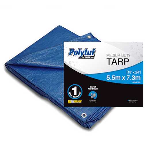 Polytuf blue tarpaulin 3.7 x 4.9m featuring UV resistance, waterproof design, reinforced corners, and rust-free eyelets.