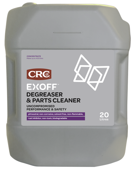 20L CRC 3413 EXOFF Degreaser & Parts Cleaner, pH neutral, biodegradable, safe on all surfaces, ideal for tough cleaning tasks.