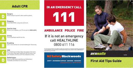 Prosafe First Aid Tips Guide: Essential resource for emergency preparedness with CPR, defibrillation, and healthline directories.