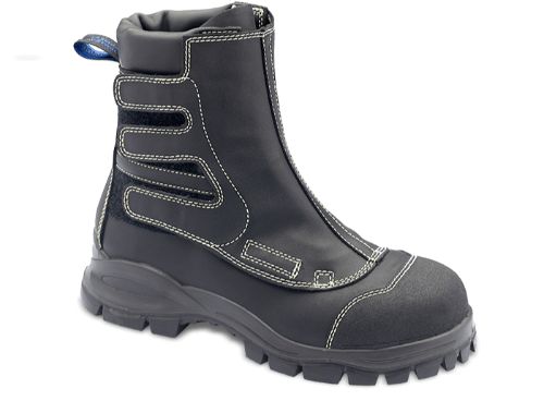 Black flame retardant leather safety boots for smelters, featuring Kevlar stitching, cushioned midsole, and slip-resistant outsole.