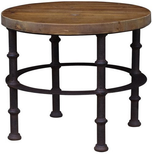 Round industrial side table made from old pine and iron, featuring heavy legs, perfect for rustic or modern decor.