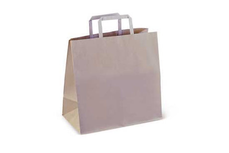 Brown kraft paper carry bag with flat handles, eco-friendly, sturdy, measures 275 x 280 x 150mm, pack of 200.