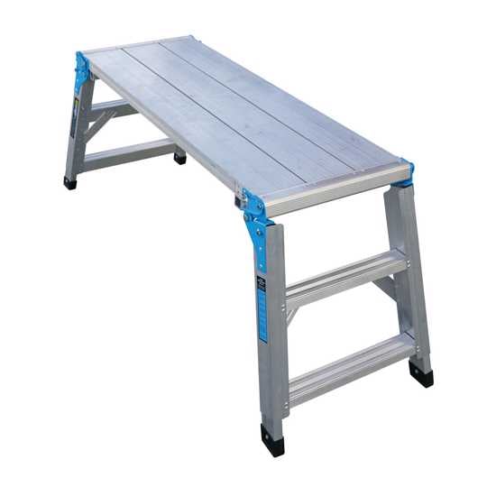 Adjustable work platform with 6 height settings, lightweight design, 450mm wide surface, and optional guardrail for safety.
