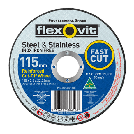 Cut-off disc for steel and stainless steel, 115 x 2.5 x 22mm, designed for efficiency and durability with max RPM 15,300.