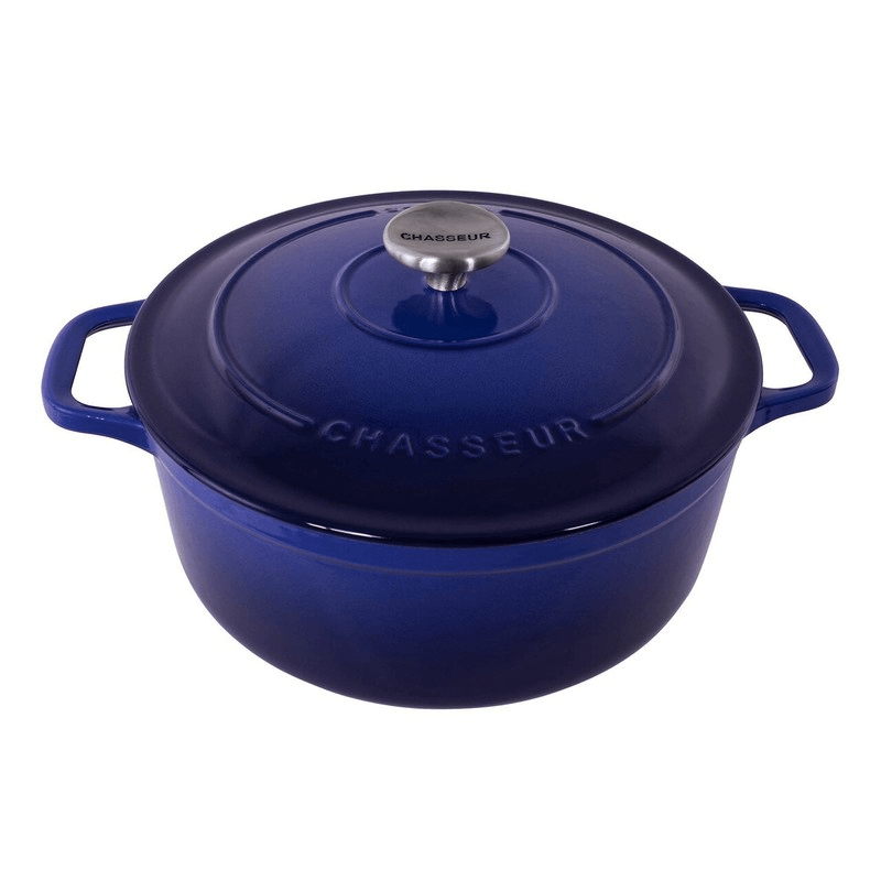 Chasseur 24 Round Oven in Azure, a hand-cast French cookware for slow cooking, steaming, and even stovetop-to-table serving.