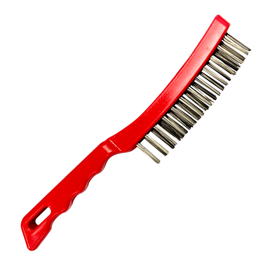 Dixbro Brushes with plastic handle designed for versatile cleaning, deburring, and rust removal in hard-to-reach areas.
