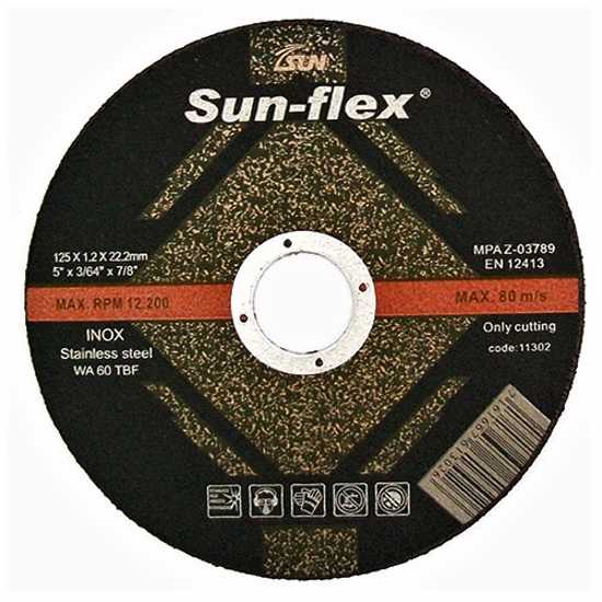 Reinforced 125mm INOX cut-off disc for precision metal cutting of stainless, mild steel, and cast iron, up to 12,200 RPM.