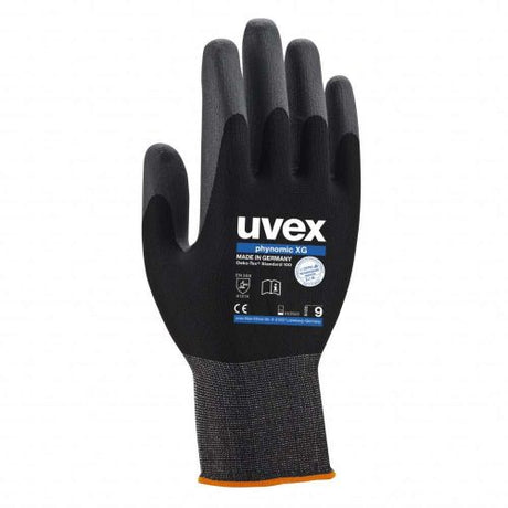 Uvex Phynomic XG Size 6 gloves featuring Xtra Grip coating for superior oil grip, flexibility, and mechanical abrasion resistance.