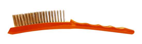 Brass wire brush with 4 rows and a plastic handle, ideal for cleaning, deburring, and rust removal in tight spaces.