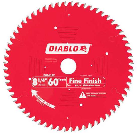 Diablo 8.25" 60T fine finish saw blade for smooth crosscuts in cabinetry and trim work with durable TiCo carbide construction.