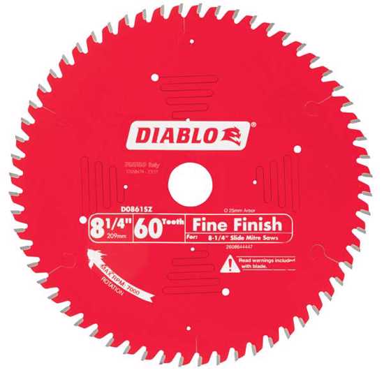 Diablo 8.25" 60T fine finish saw blade for smooth crosscuts in cabinetry and trim work with durable TiCo carbide construction.