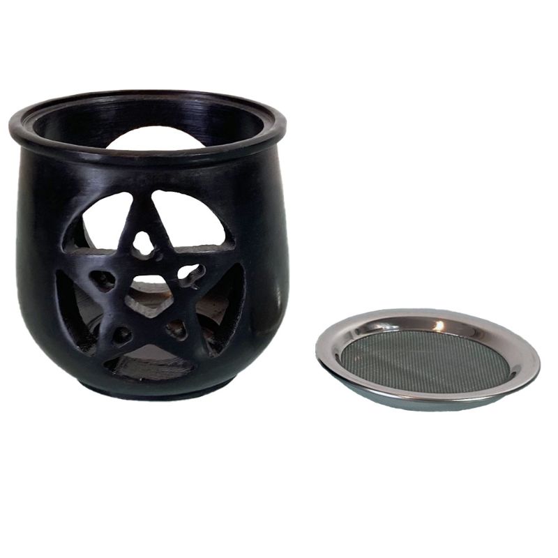 Handcrafted black soapstone resin burner with intricate pentacle design, ideal for burning incense and enhancing spiritual spaces.