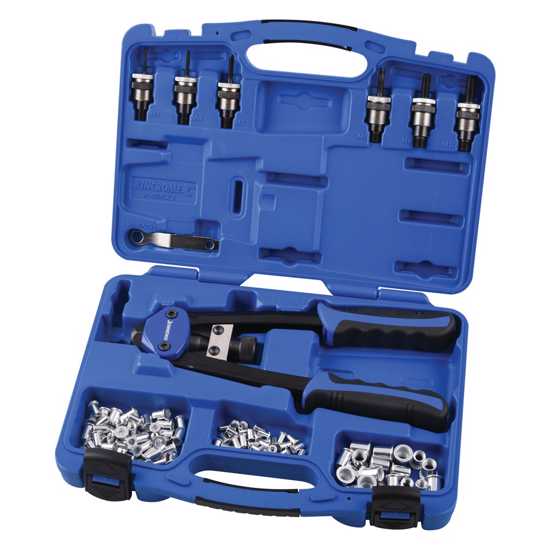 Kincrome 68-piece nut riveter set with steel, stainless steel, and aluminum inserts, features molded grips and durable case.