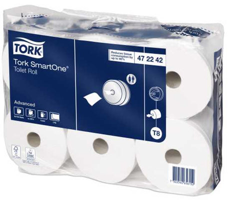 Tork 2Ply SmartOne Toilet Paper roll, 1150 sheets, designed for high-traffic use, eco-friendly, with lockable dispenser.