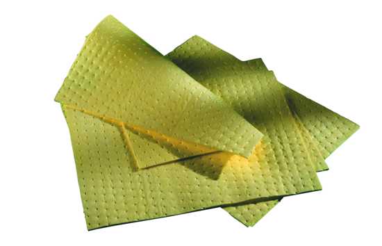 High-vis yellow Heavy Weight Sorbent Pads, 500x400mm; absorbs 0.9L per pad; pack of 100 for industrial spill cleanup.