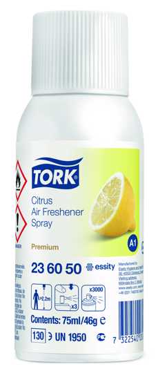 Tork A1 Citrus Air Freshener Spray in sleek design, delivers 3,000 sprays of refreshing citrus scent for odor elimination.