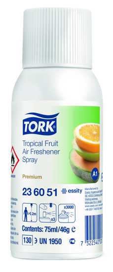 Tork A1 Tropical Fruit Air Freshener Spray, delivers 3,000 refreshing sprays to eliminate odors and enhance cleanliness.