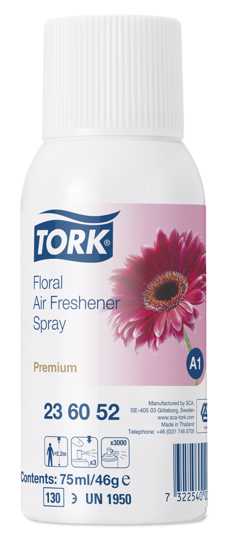 Tork A1 Floral Air Freshener Spray with long-lasting floral scent, combats odors, and offers up to 3,000 sprays per refill.