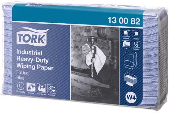 Blue heavy-duty industrial wiping paper packets, 32cm x 38cm, designed for maximum absorbency and efficient cleaning tasks.