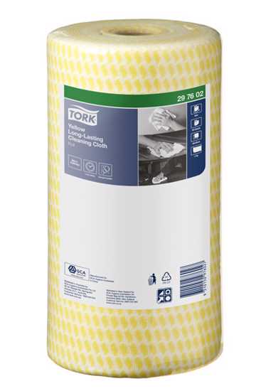 Tork Heavy Duty Cleaning Cloths in yellow, 30cm x 50cm, roll of 90 sheets, strong, absorbent, hygienic, and HACCP endorsed.