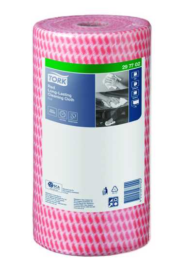 Tork Heavy Duty Cleaning Cloth in red, 30x50cm sheets, 90 per roll, strong, absorbent, and HACCP endorsed for hygienic cleaning.