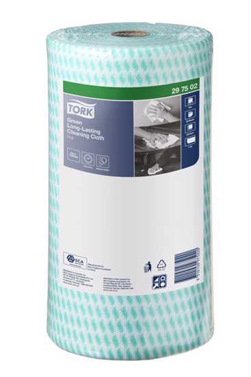 Green Tork Heavy Duty Cleaning Cloth roll, 90 absorbent sheets, 30cm x 50cm, HACCP endorsed for safe food contact use.