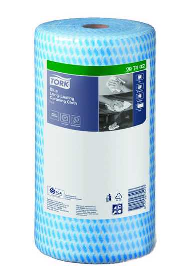 Tork Heavy Duty Blue Cleaning Cloth roll with 90 absorbent sheets, 30cm x 50cm, color-coded and HACCP endorsed for hygiene.