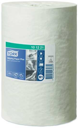 Tork M1 Wiping Paper Plus Mini Centrefeed Roll, 22cm x 75m, 11 rolls - durable, absorbent, touchless dispensing for efficient cleaning.