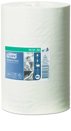 Tork M1 Mini Centrefeed Wiping Paper Roll, 21cm x 120m, 11 rolls—high absorbency, compact design for efficient cleaning.