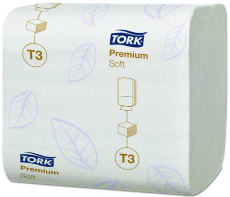 Tork Soft 2-Ply Toilet Paper, 252 sheets, eco-friendly, sheet-by-sheet dispensing for enhanced hygiene in compact spaces.