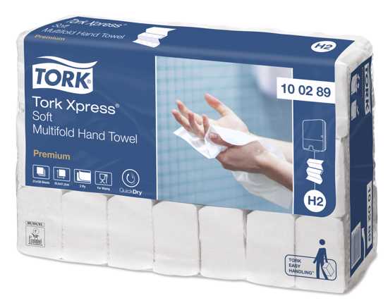 Tork H2 Xpress 2-Ply Premium Multifold Paper Towels, 150 sheets, FSC certified, super absorbent for high-traffic areas.