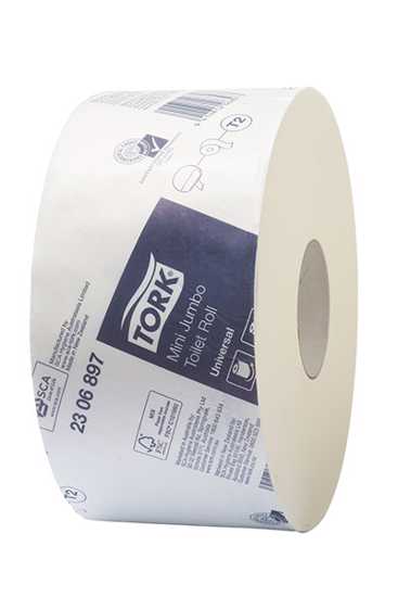 Tork 1Ply Mini Jumbo Toilet Paper rolls pack of 12, each with 400m of soft, strong paper for high-capacity restroom use.