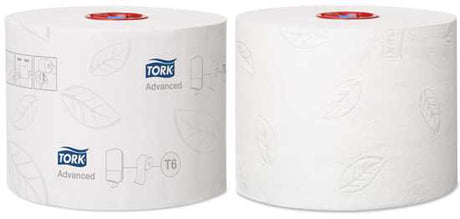 Tork 2-ply toilet paper mid-size roll, 100m, gray leaf design, efficient for high-traffic washrooms, eco-friendly. Case of 27.