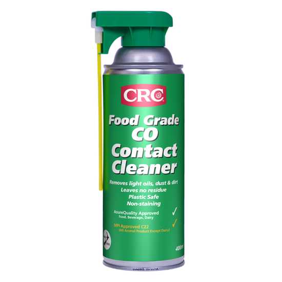 CRC Food Grade CO Contact Cleaner 400ml can, designed for safe cleaning of electrical equipment in food industry applications.