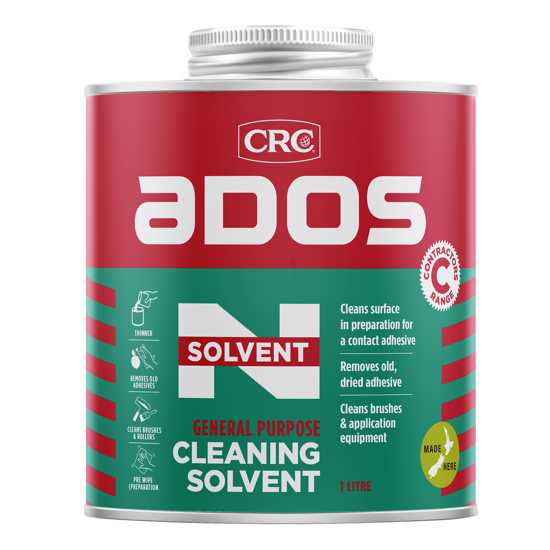 Clear bottle of ADOS 8202 Solvent N 1L, a versatile cleaner and adhesive remover for neoprene adhesives and surfaces.