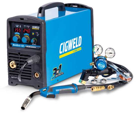 Cigweld Weldskill 155 multiprocess welder, compact and portable, for MIG, Stick, and TIG welding with digital meters and accessories.