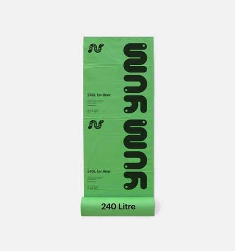 240 Litre compostable bin liner roll, eco-friendly with 10 durable bags for organic waste, certified for home and commercial use.