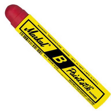 Red Markal Paintstik B in a paperboard holder, ideal for versatile, weather-resistant marking on various surfaces.