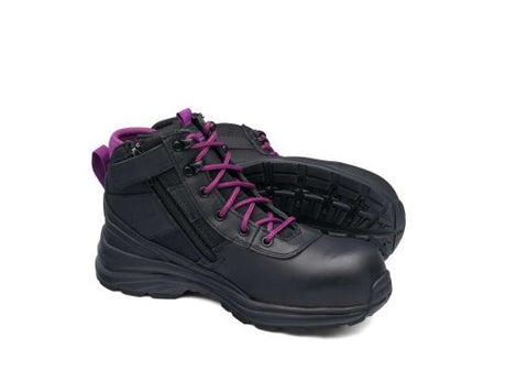 Blundstone 887 women's safety boots, size 5, feature lace-up design, composite toe cap, and purple neoprene cushioning for comfort.