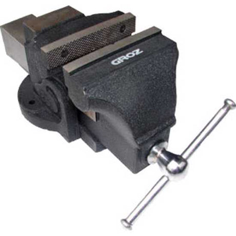 Heavy-duty Groz 100mm bench vice with 125mm jaw opening, crafted from grey iron for strength and precision in workshops.