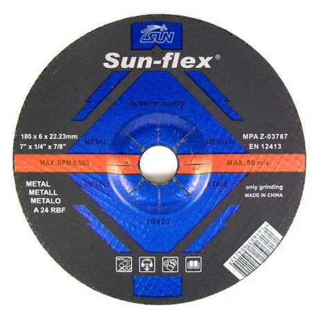 180 x 6 x 22mm metal grinding disc by Sun-Flex, ideal for grinding iron and steel with high efficiency and durability.