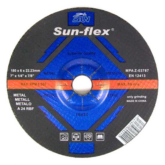 180 x 6 x 22mm metal grinding disc by Sun-Flex, ideal for grinding iron and steel with high efficiency and durability.