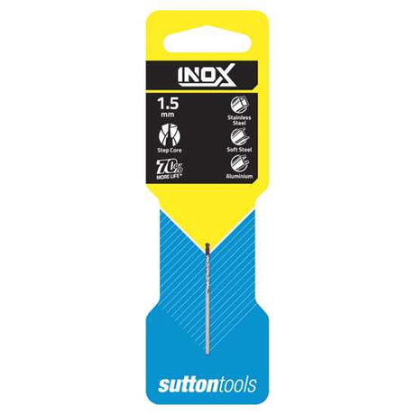 Sutton Inox 1.5mm jobber drill designed for stainless steel with wear-resistant coating and superior cutting efficiency.