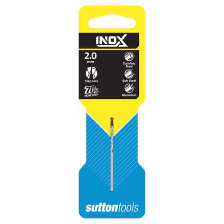 Sutton Inox 2mm jobber drill designed for stainless steel, featuring a fast spiral, short flute, and wear-resistant coating.